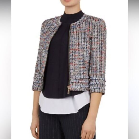 Ted Baker Yuliete Tweed Jacket Multicolor Size 0 Fringe Detail Zip Up - Picture 1 of 11